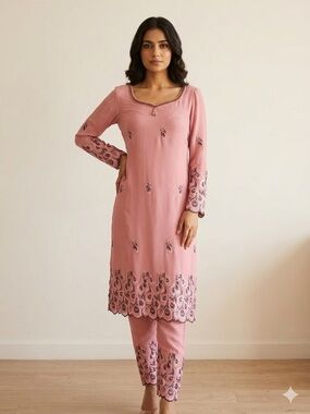Vibrant Pink & Peacock Embroidery Tunic Set - S
